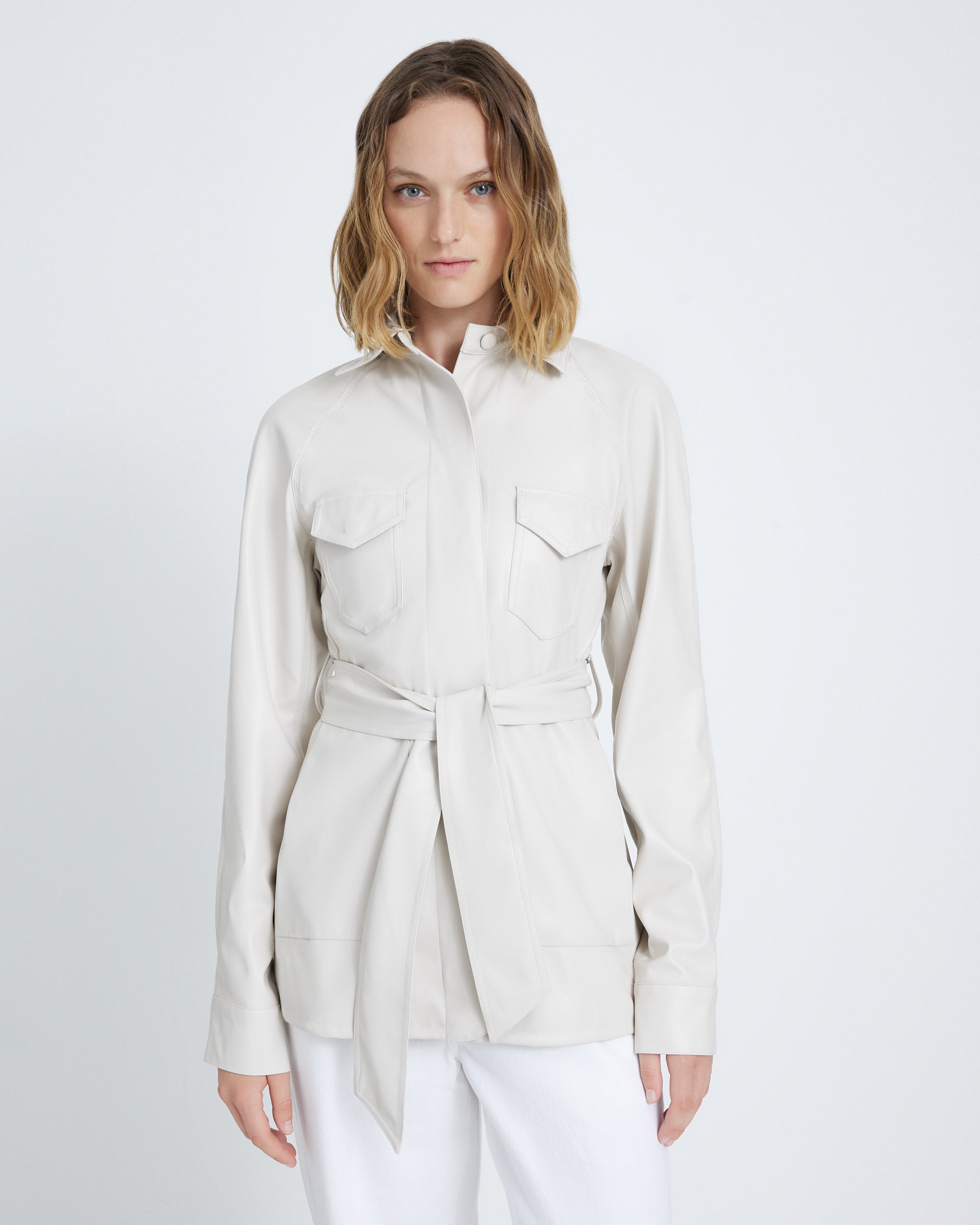 faux leather belted safari jacket in antique white