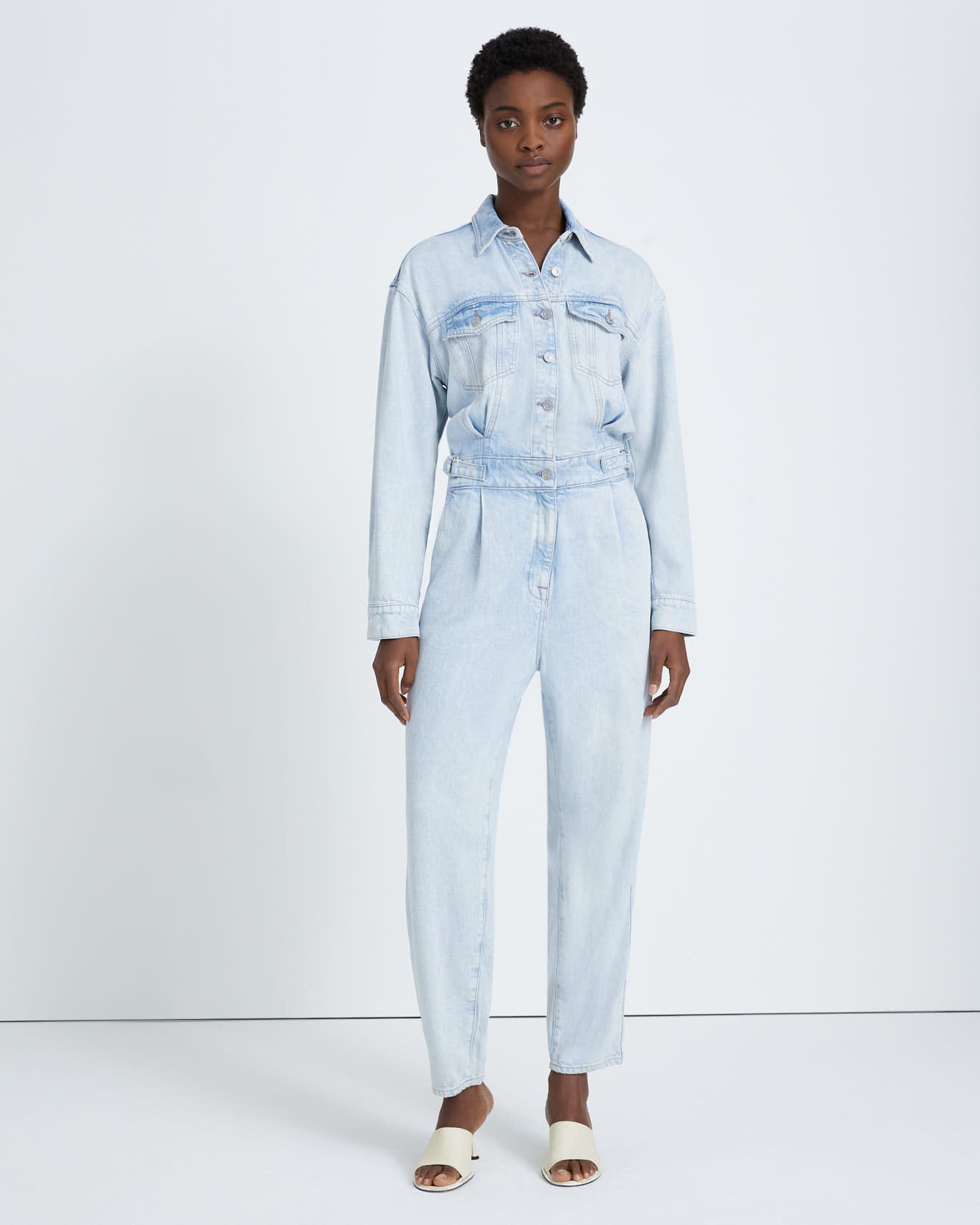 denim lustre balloon sleeve jumpsuit in isadora