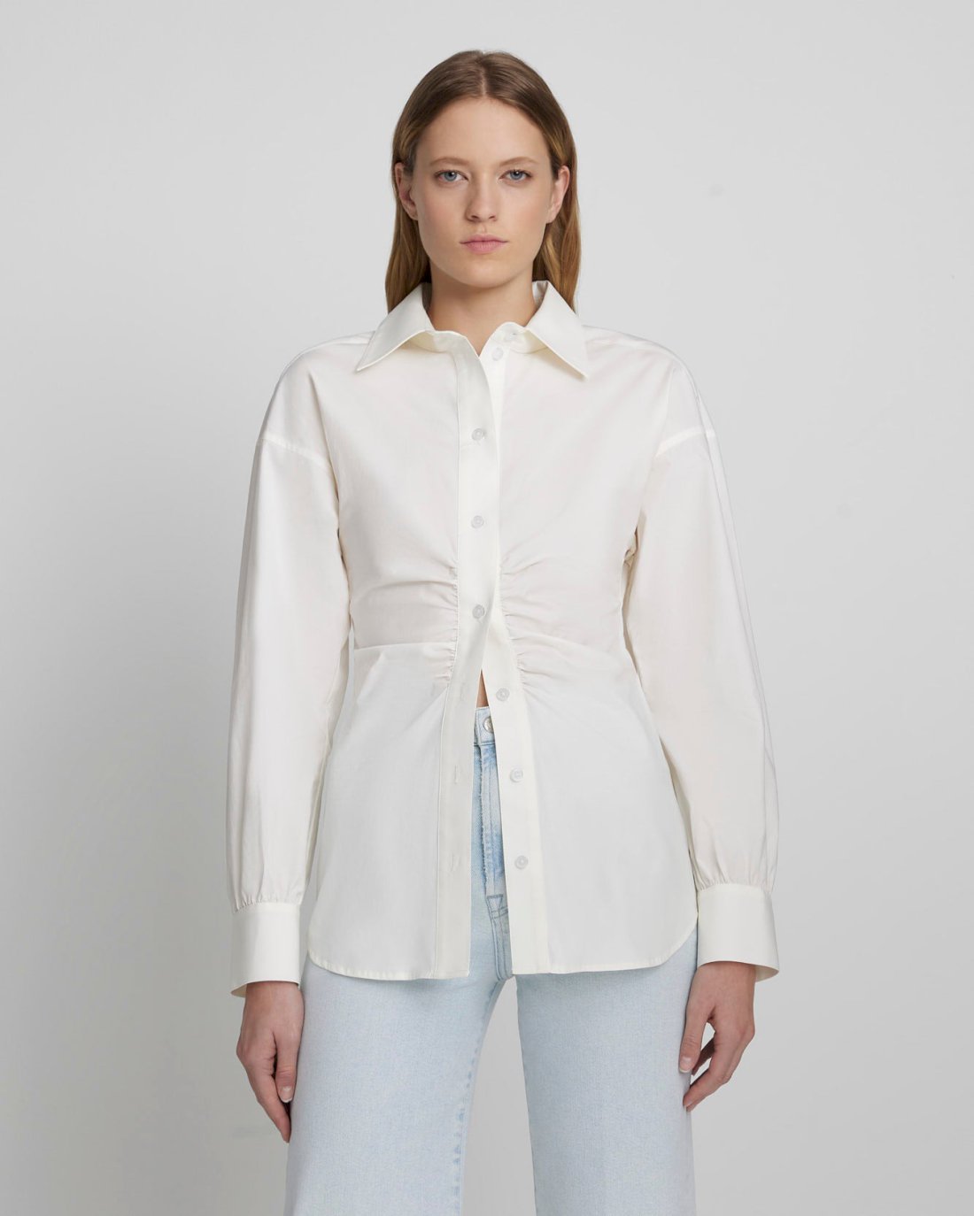 Cinched Waist Button Up Shirt in Antique White