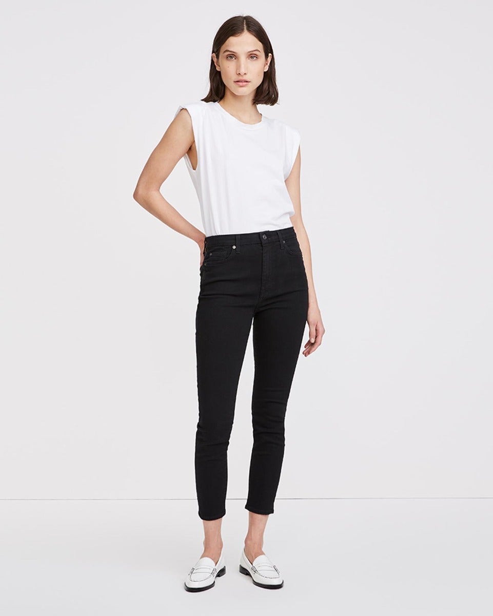 7 For All Mankind High Rise Ankle Skinny Jeans in Black Coated