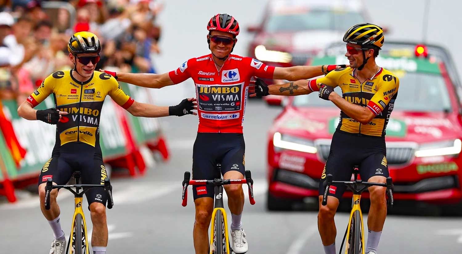 the winners of 2023's three major tours celebrate Sepp's win in Spain
