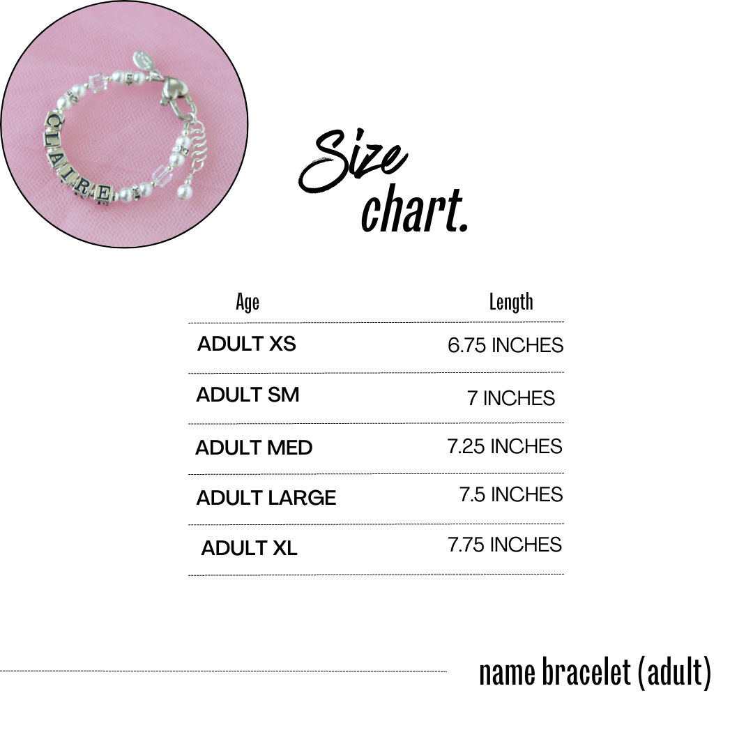 Size Chart for Beaded Name Bracelets for Adult