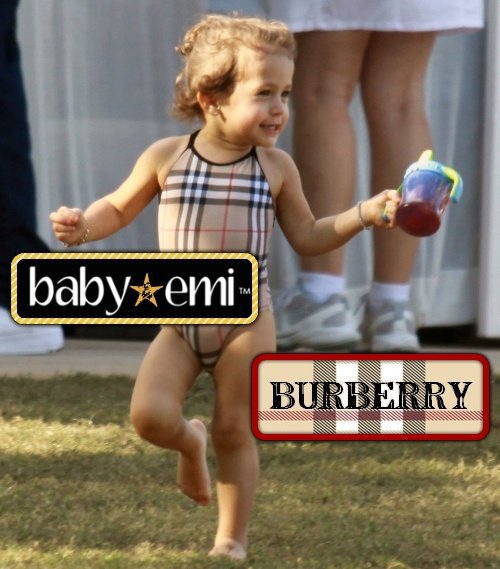 Emme Maribel Muniz wearing Burberry Swimsuit wearing Baby Emi Jewelry Jingle Bell Bracelet.