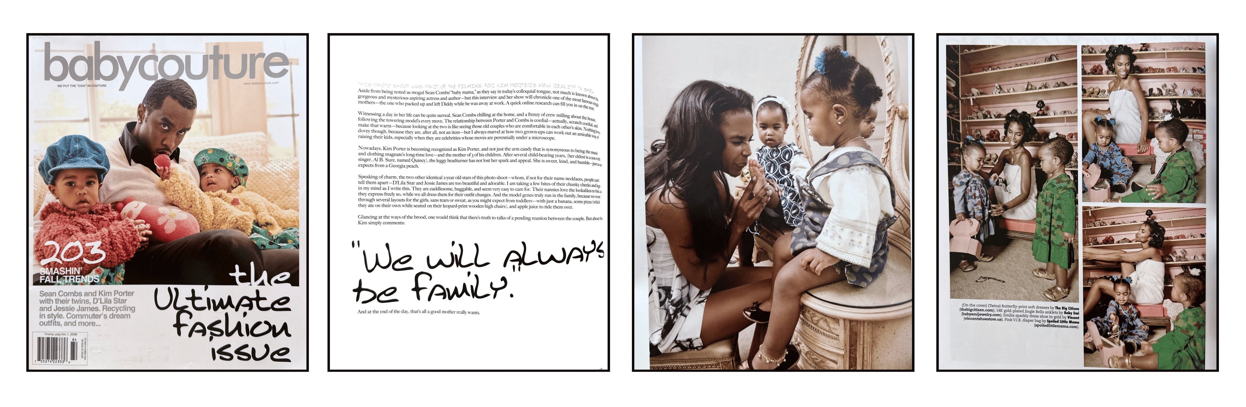 Sean Combs and late Kim Porter in Baby Couture Magazine with their twin girls who are wearing our 14K Gold Plate Jingle Bell Anklets.