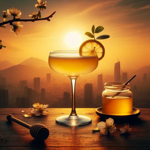 Bees Knees Cocktail with a sunset in the background