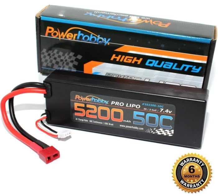 PowerHobby 5200mAh 7.4V 2S 50C LiPo Battery with Hardwired T-Plug Connector