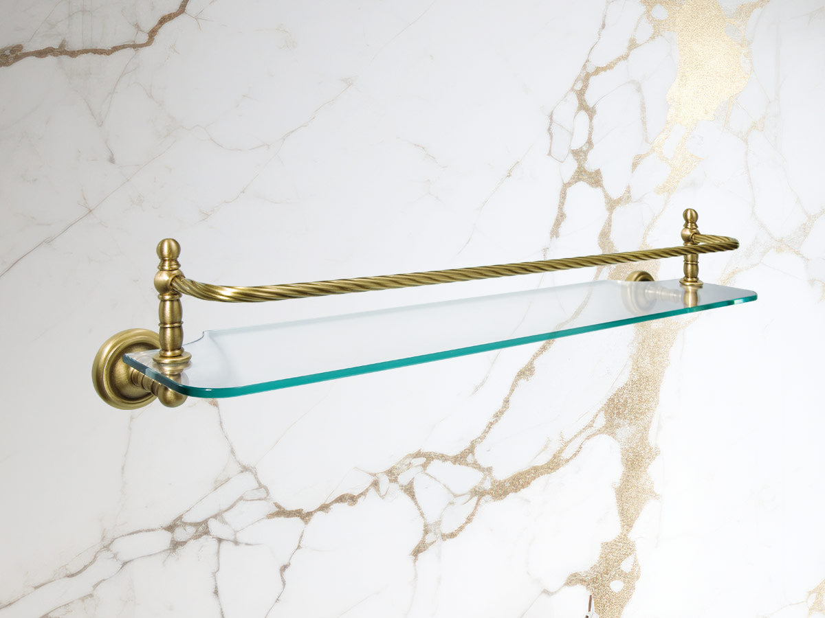 Tempered glass bathroom shelf with solid brass details - handmade in Italy