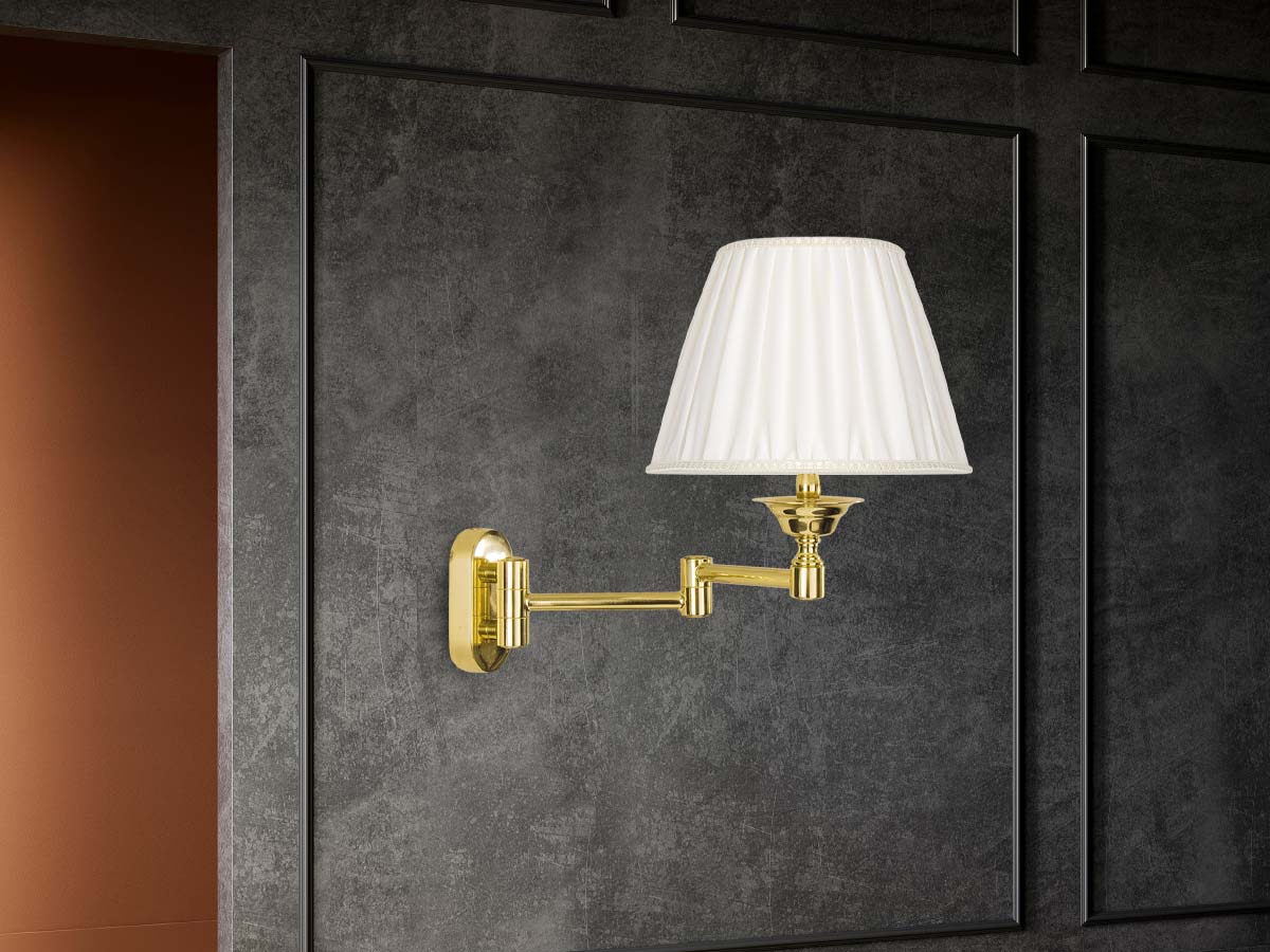 Bedside wall light with swing arm and white lampshade in polished brass - Made in Italy