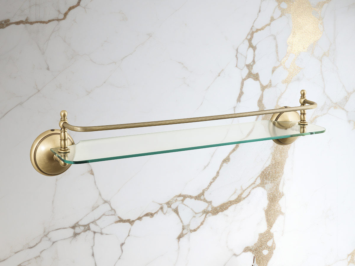 Handgefertigtes Regal aus gehärtetem Glas und Messing für Badezimmer, hergestellt in Italien