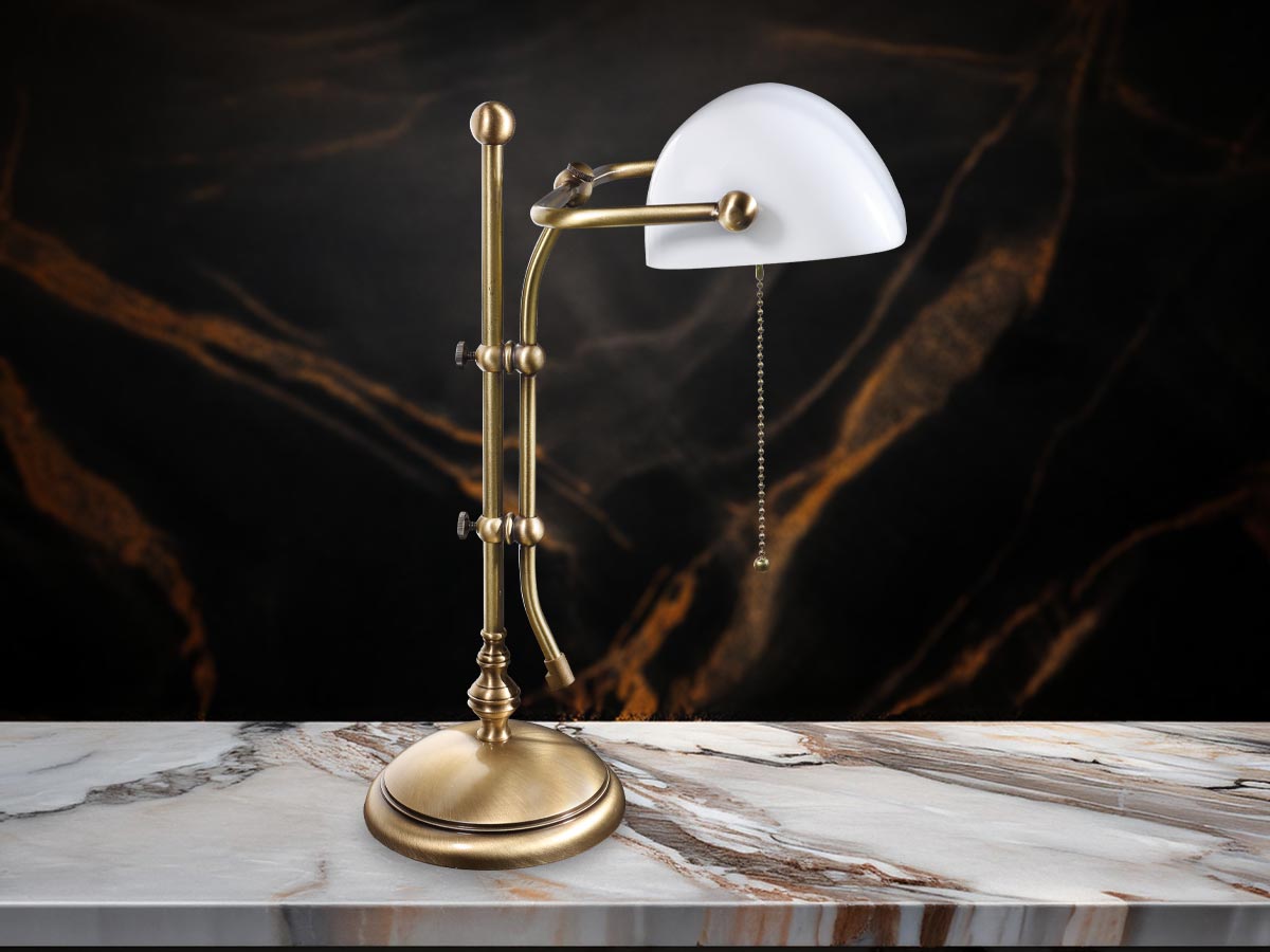 premium brass bankers lamp with white glass and pull chain - handmade in Italy