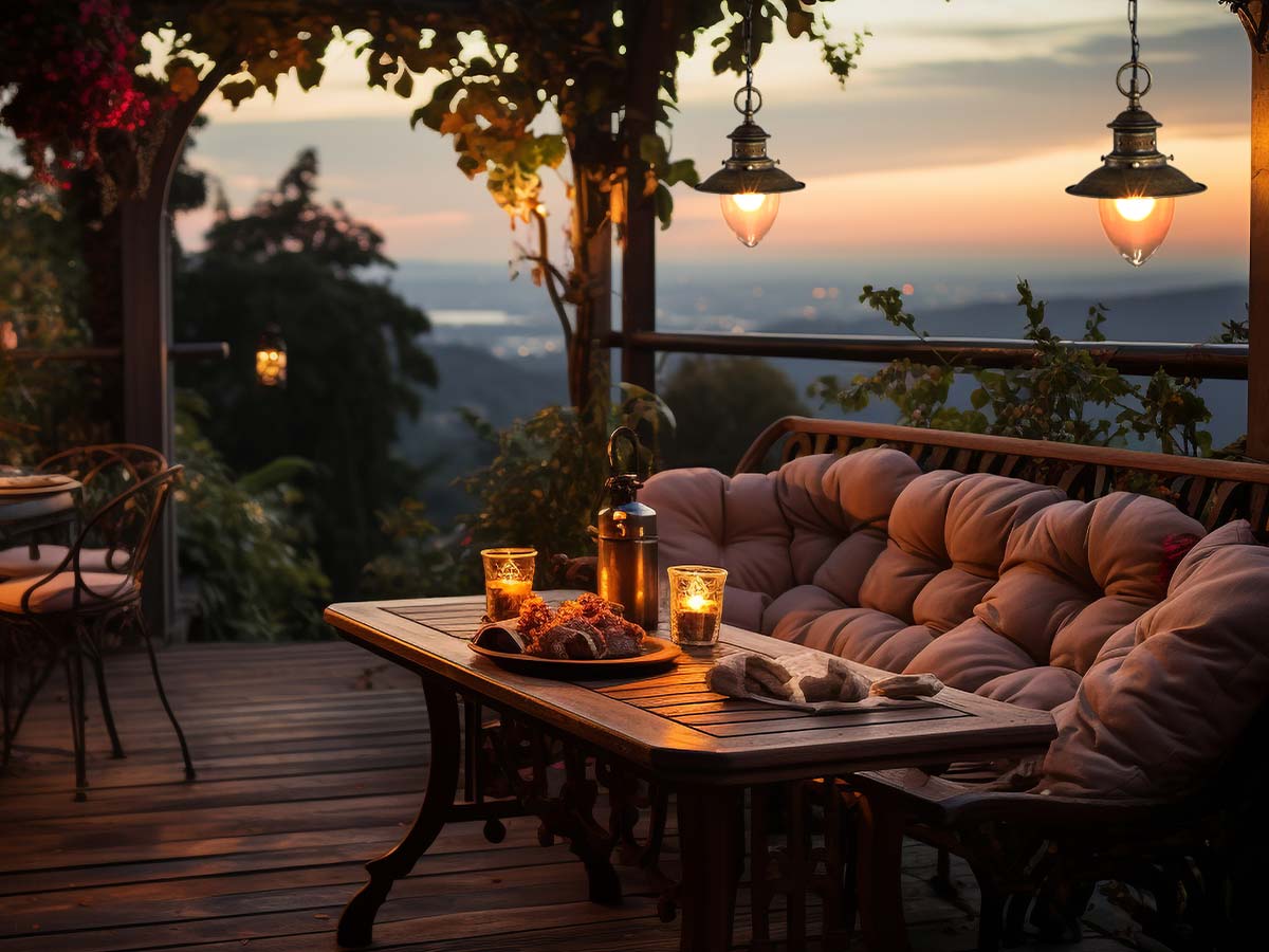 foto di un terrazzo con tavolo, sedie e luce soffusa