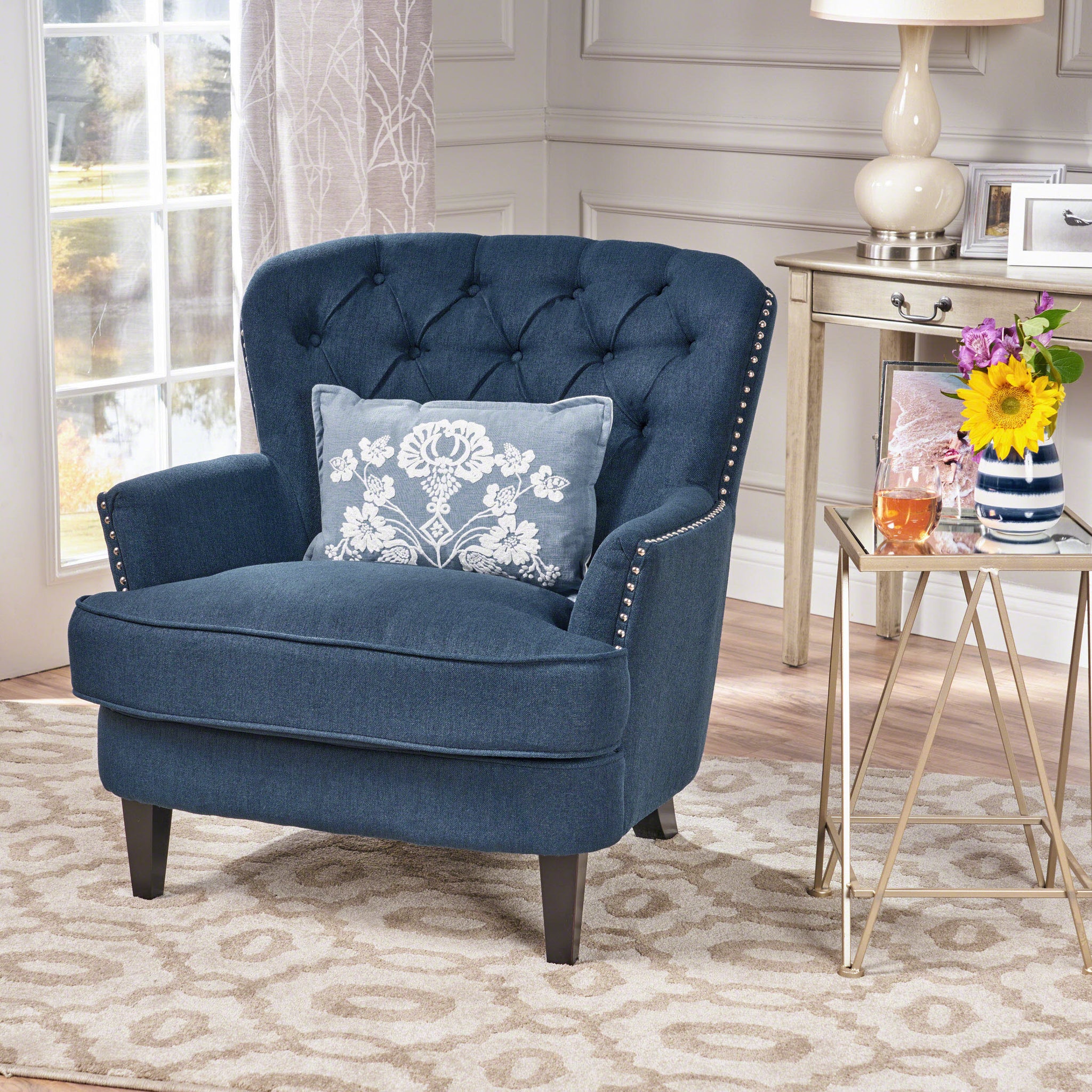 Alfred Button Tufted Fabric Club Chair in Dark Blue Color