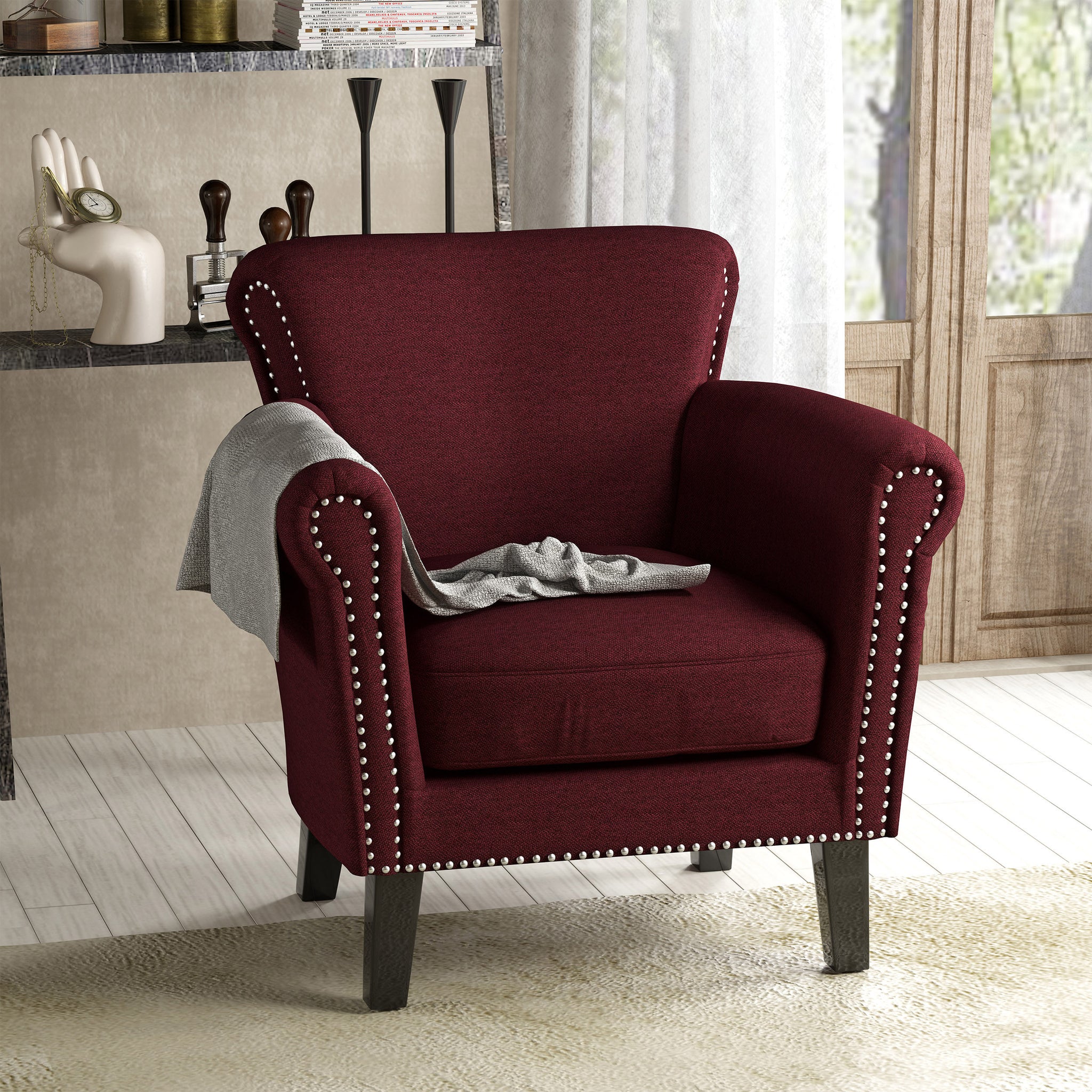 Brice Contemporary Scroll Arm Club Chair with Nailhead Trim in Wine Color