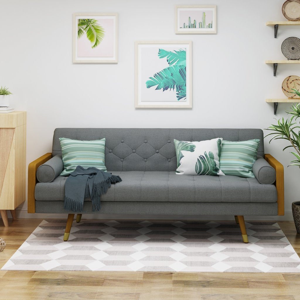 Aidan Mid Century Modern Tufted Fabric Sofa in Gray Color