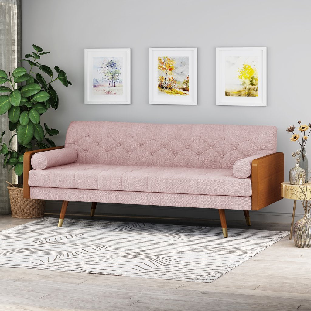 Aidan Mid Century Modern Tufted Fabric Sofa in Light Blush Color