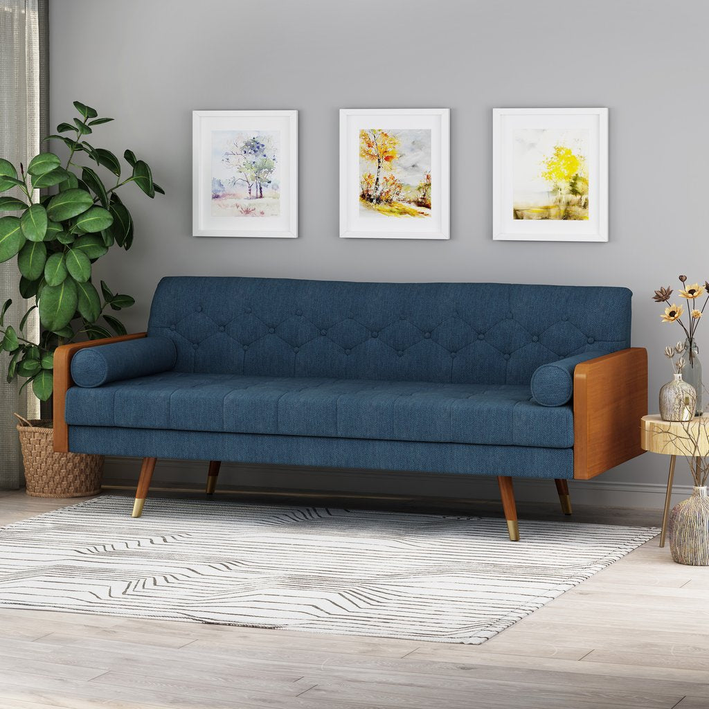 Aidan Mid Century Modern Tufted Fabric Sofa in Navy Blue Color