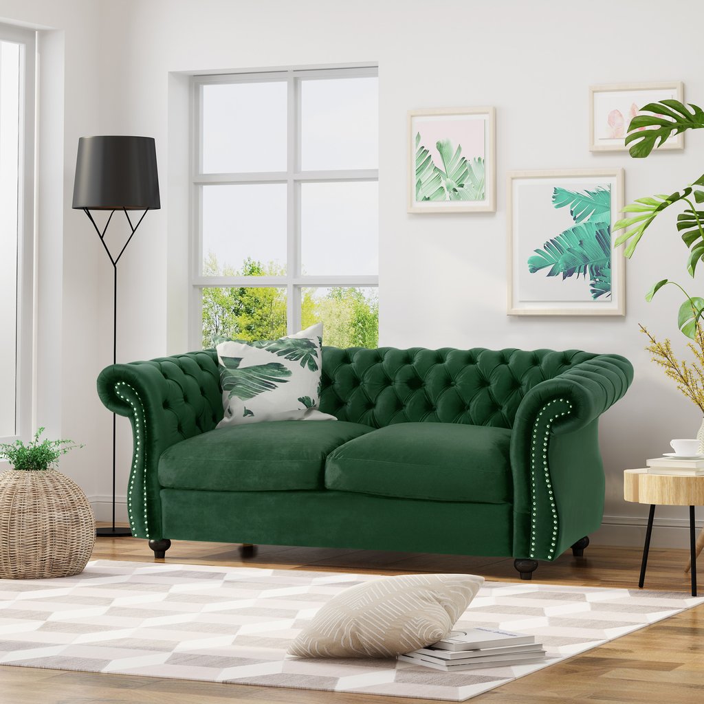 Kyle Traditional Chesterfield Velvet Loveseat Sofa Emerald Color