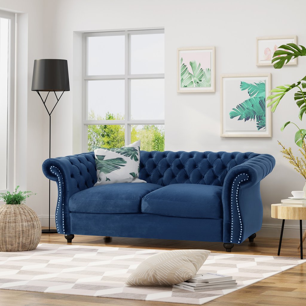 Kyle Traditional Chesterfield Velvet Loveseat Sofa Navy Blue Color