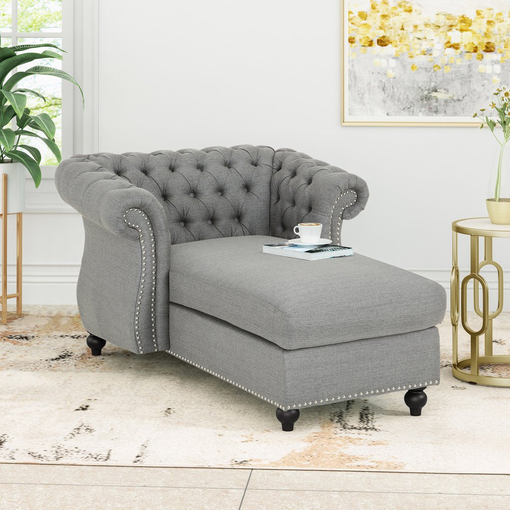 Buy Phyllis Modern Glam Fabric Chesterfield Chaise Lounge in Dark Gray Color