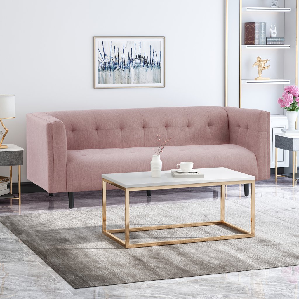 Kennedii Mid-Century Modern Fabric Upholstered Tufted 3 Seater Sofa Light Blush Color