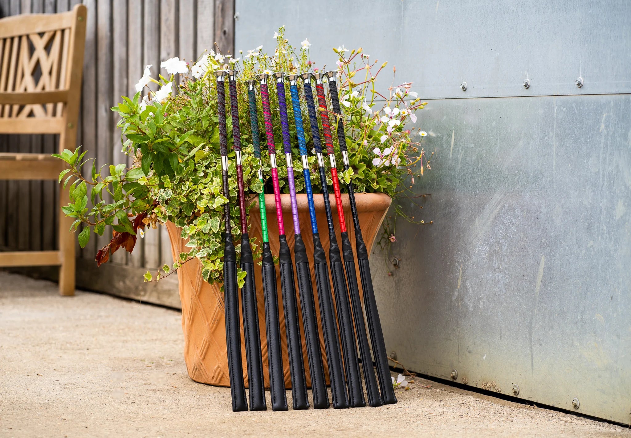 A selection of different coloured equestrian whips by Country Direct. 
