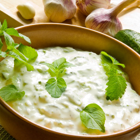 A bowl filled with cucumber raita