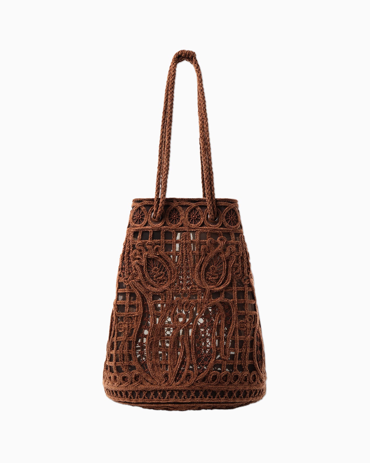 Cord Embroidery Bucket Bag - brown