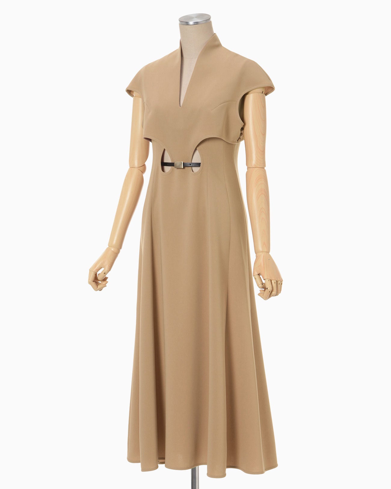 Flared Hole Dress with Leather Belt - beige - Mame Kurogouchi