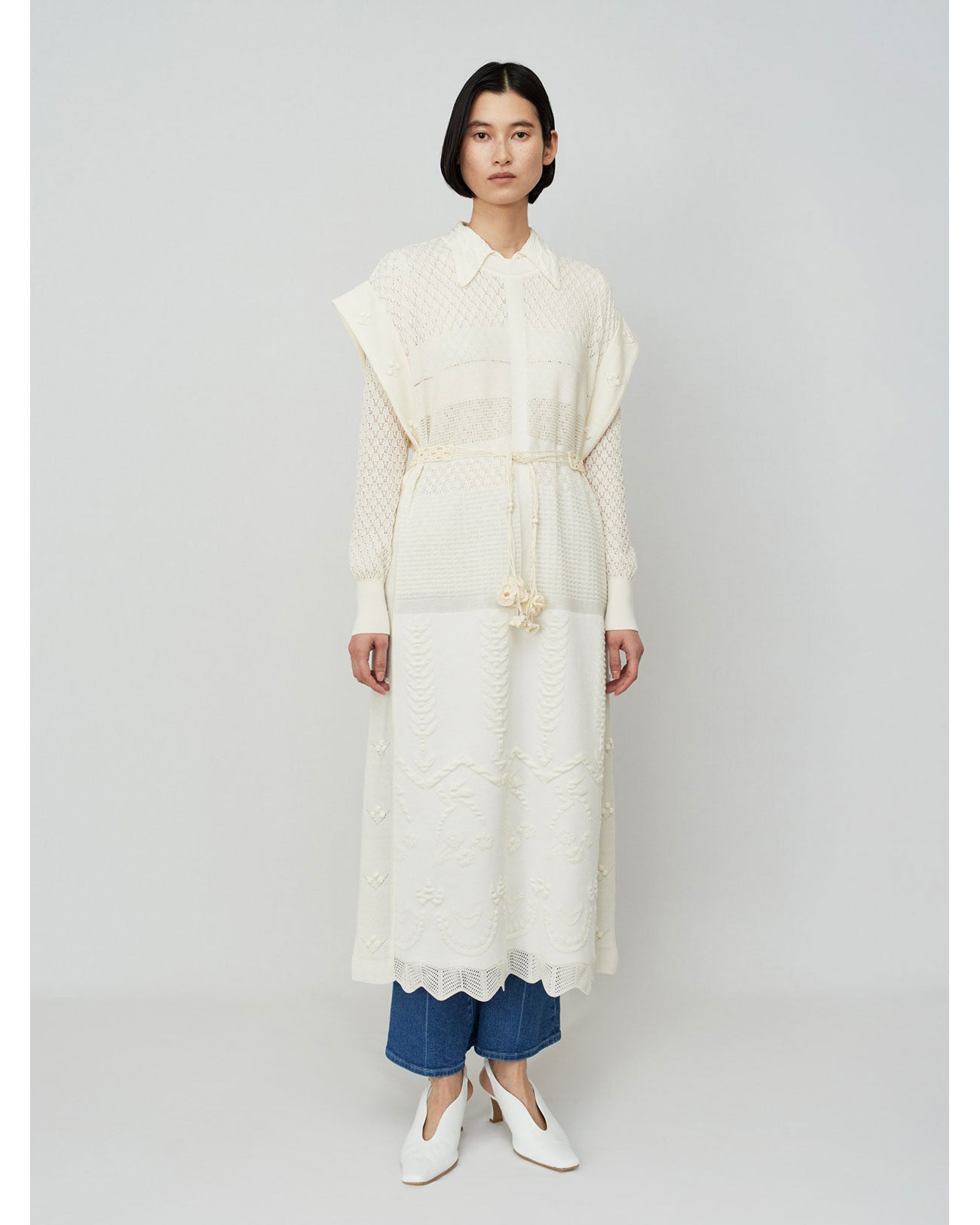 Multi-Pattern Sleeveless Knitted Dress - white - Mame Kurogouchi