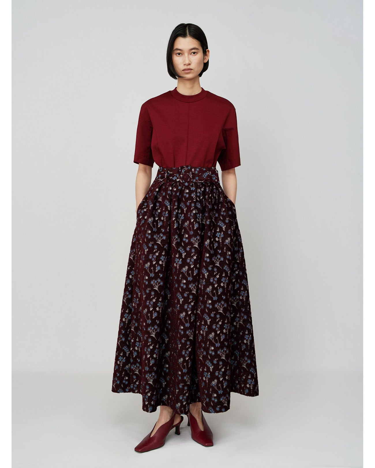 Floral Jacquard Flared Skirt - bordeaux - Mame Kurogouchi