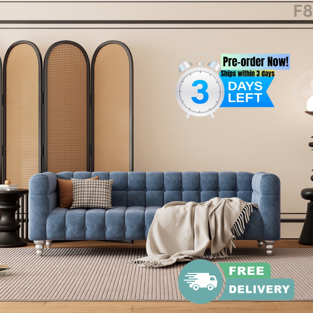 F8- 89" Modern Sofa Dutch Fluff Upholstered sofa with solid wood legs, buttoned tufted backrest,blue