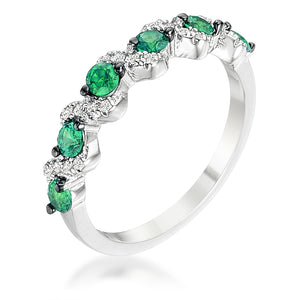 Rhodium And Hematite Plated S Shape Emerald Green And Clear Cz Half Eternity Band .18Ct
