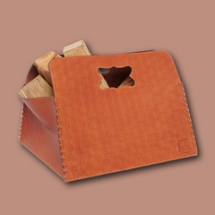 Basket firewood magazines made of embossed leather - cognac