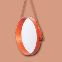 Round LIFESTYLE mirror made of leather - orange