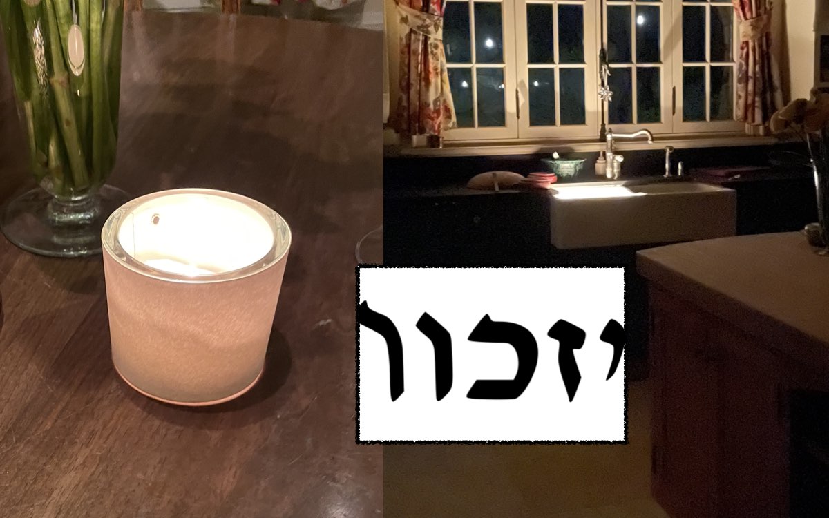 a combined image of the hebrew for remember the prototype of a yahrzeit candle and me testing the candle overnight in the sink