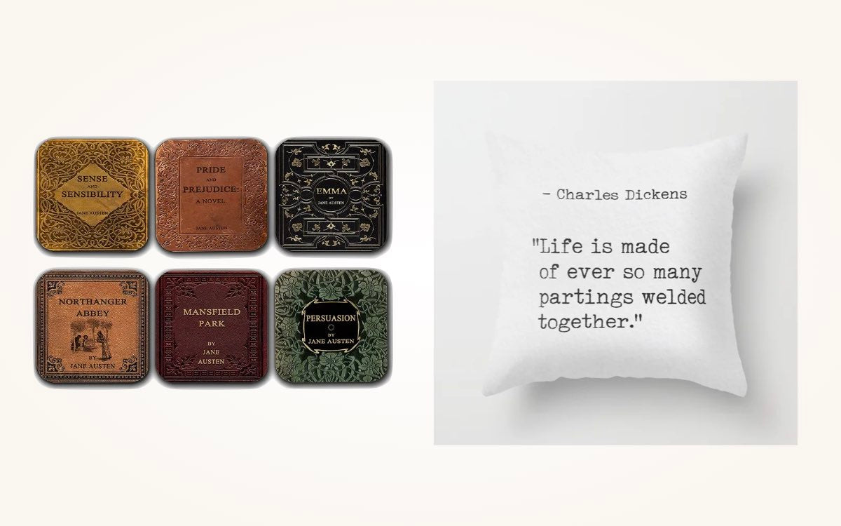 Jane Austen coasters and a Charles Dickens themed throw pillow