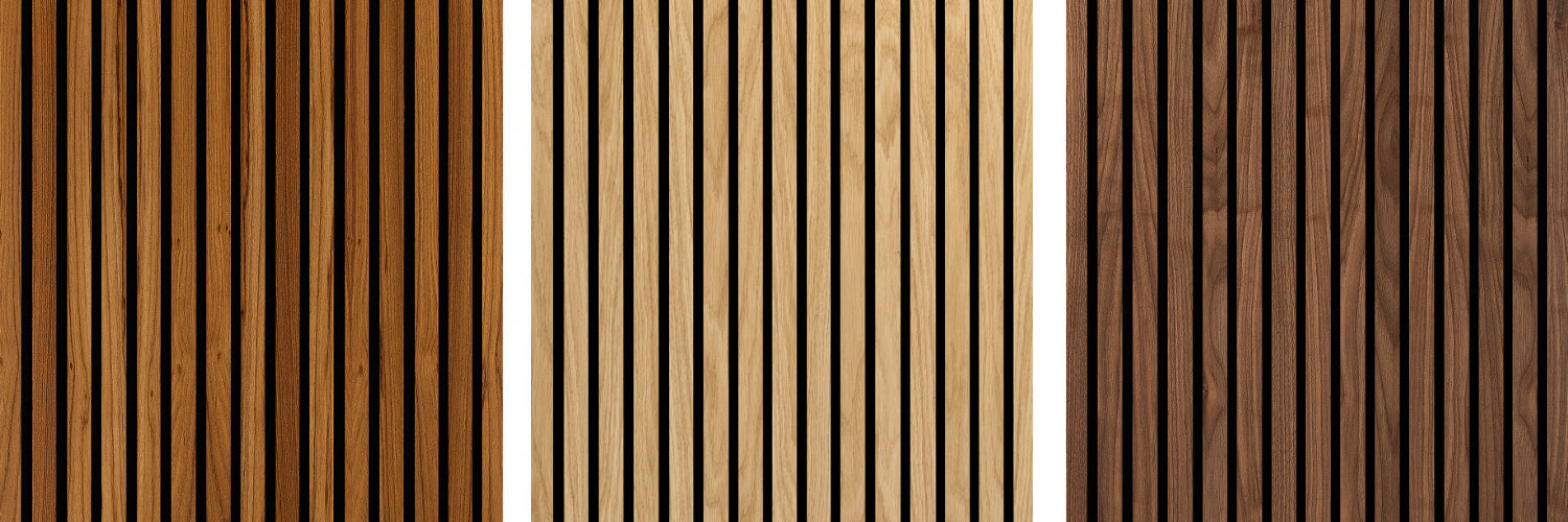Tre produktbilder av träpaneler i olika träslag från Wood on Wall.