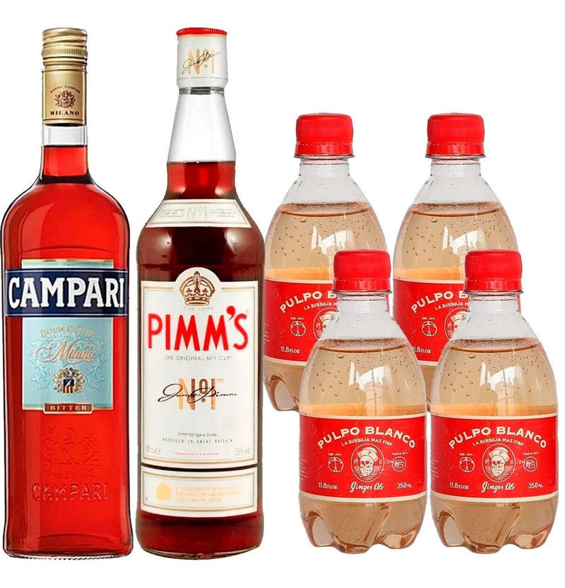 Combo Campari Aperitivo + Pimms + 4 Gaseosa Pulpo Blanco Ginger Ale