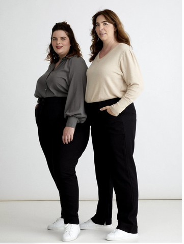 2 large women of different morphologies wearing the same pants