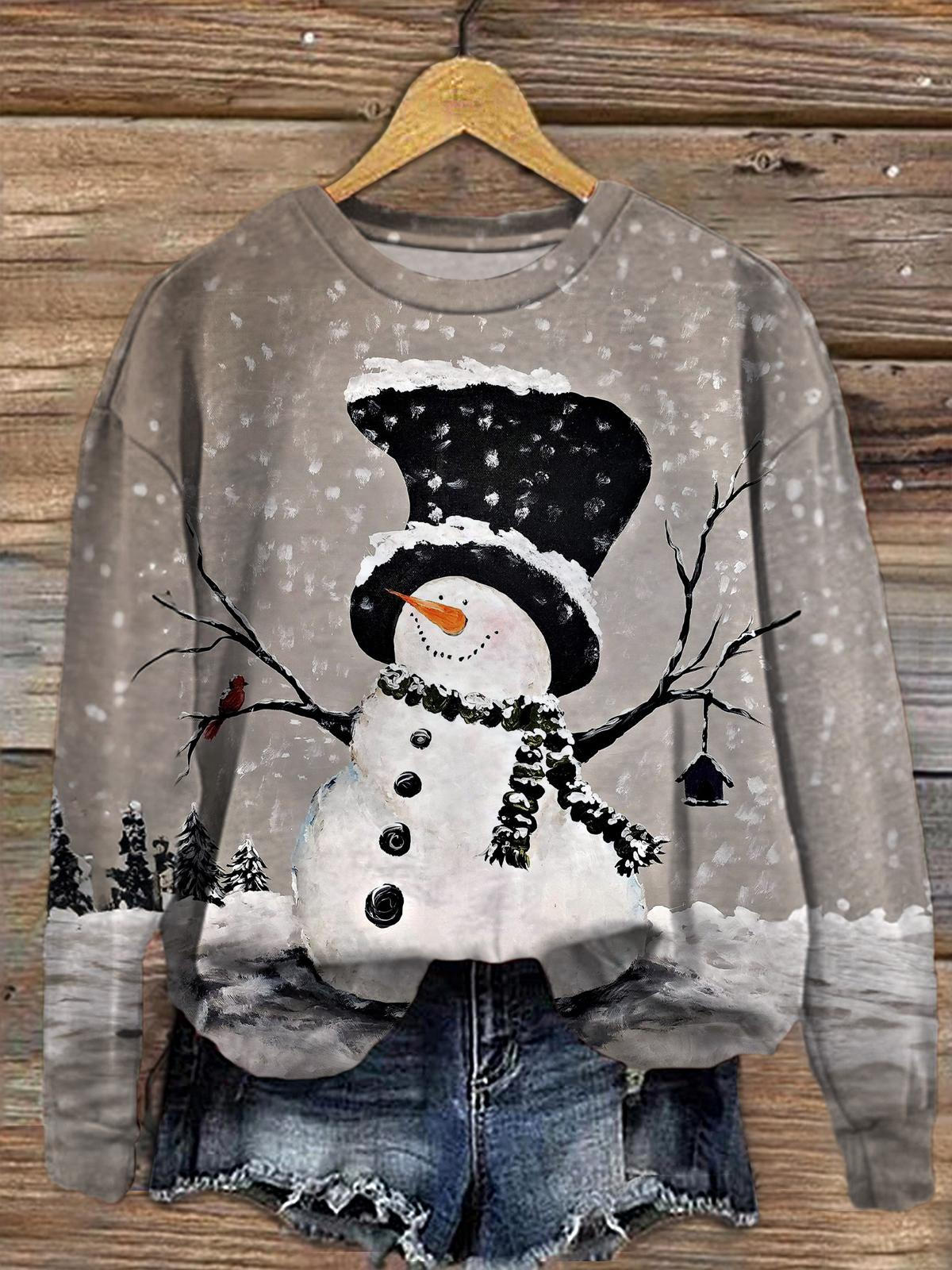 Women's Retro Snowman Round Neck Long Sleeve Top - Wonder closets product image