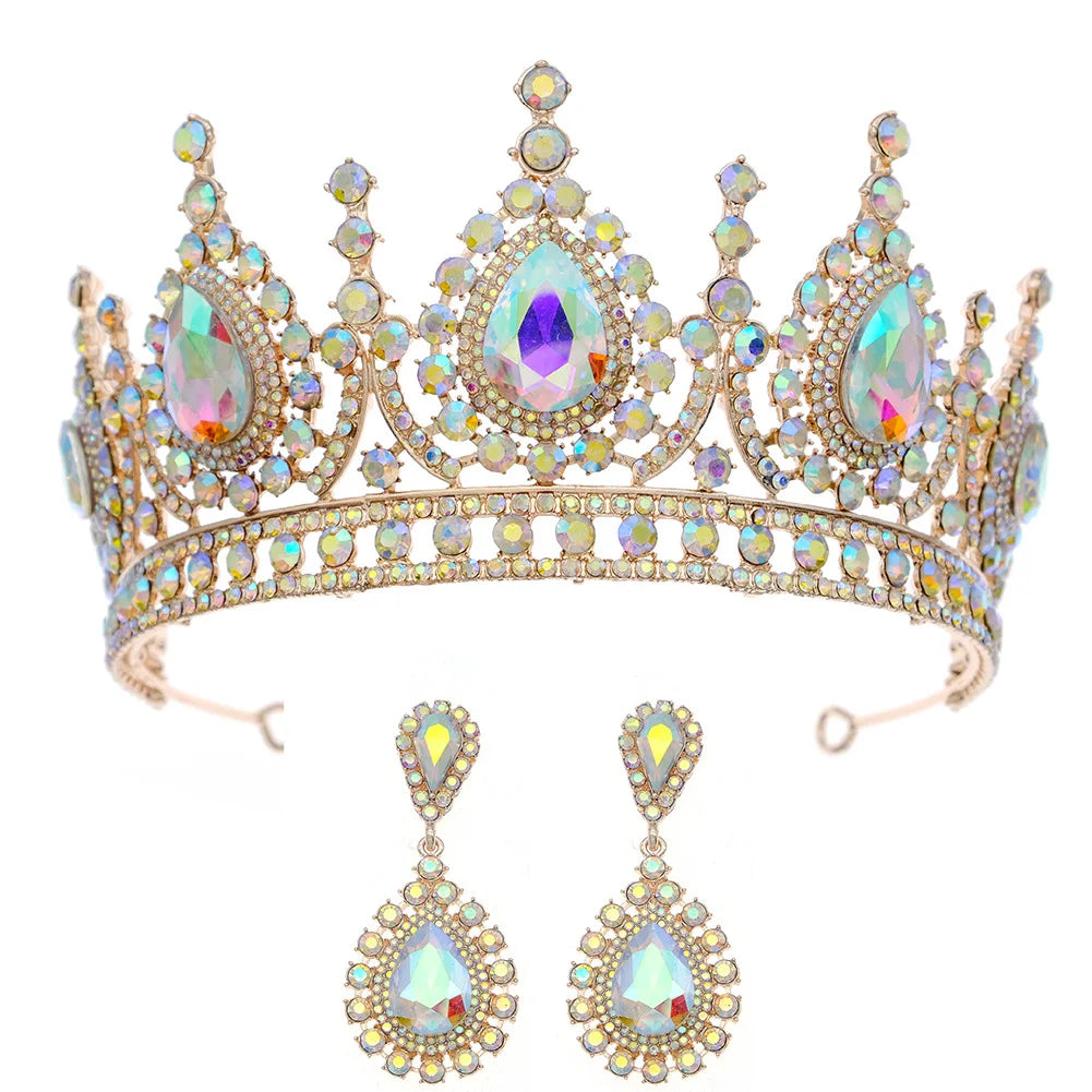 Rows of Crystal Baroque Tiara – for Quinceanera or Bridal Crown with Earrings