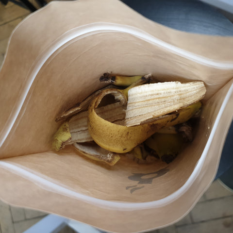 banana skins in used coffee bag