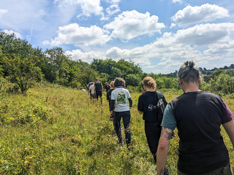 People walking uphill through grassy meadow