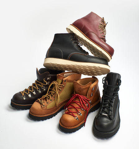 Danner and Redwing boots stacked