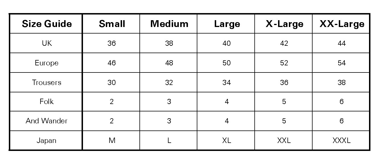 Clothing Size Guide Chart