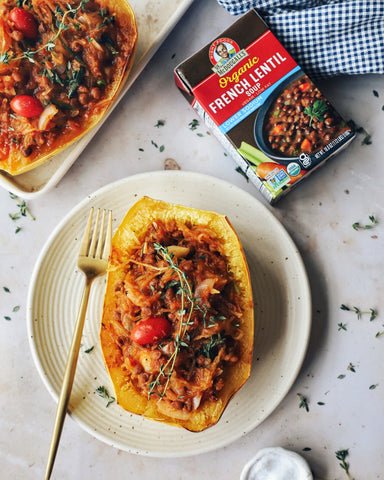 Baked Lentil Red Sauce Spaghetti Squash Boats