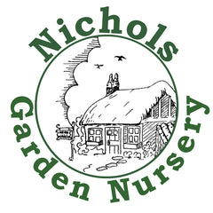 Logo Nichols Garden Nursery in Green text, drawing in circle of cottage with two birds and clouds above