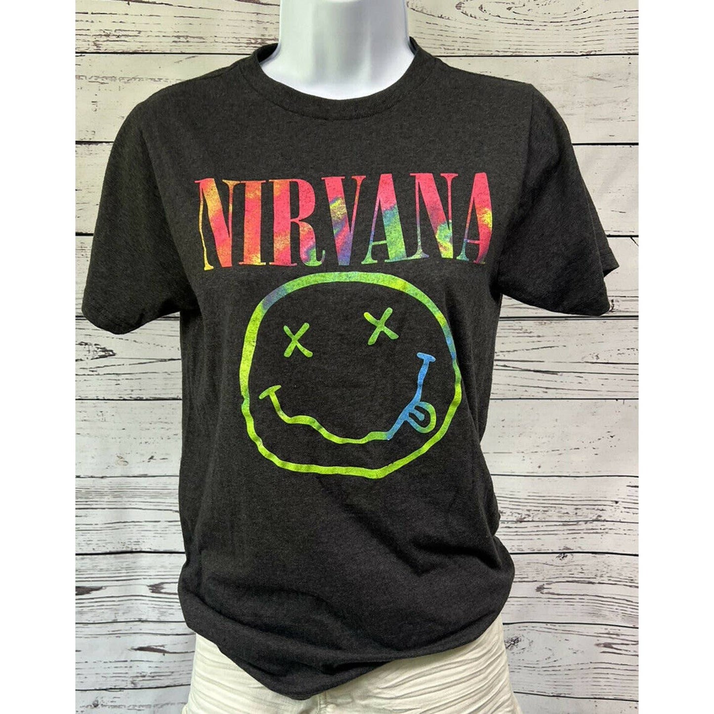 Nirvana T-Shirt Unisex Medium Rainbow Tie Dye Smiley Face Logo Charcoal Gray