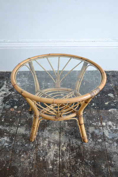 French Vintage Rattan/Bamboo Glass Coffee Table - Original 1950's