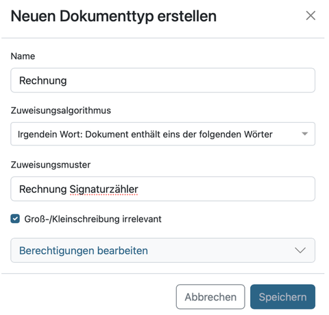 Dokumenttyp "Rechnung" erstellen in paperless-ngx